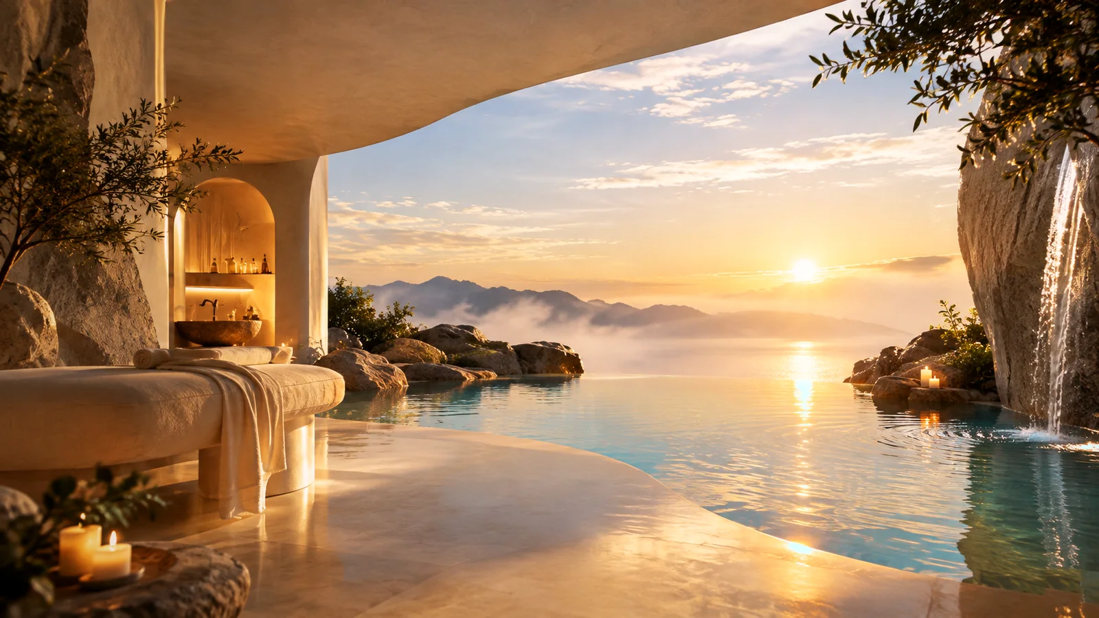 Solenne, an invented med spa & clinic website concept: a cliffside spa at sunrise: a stone treatment bed, candles, an infinity lagoon and a waterfall running down the rock.